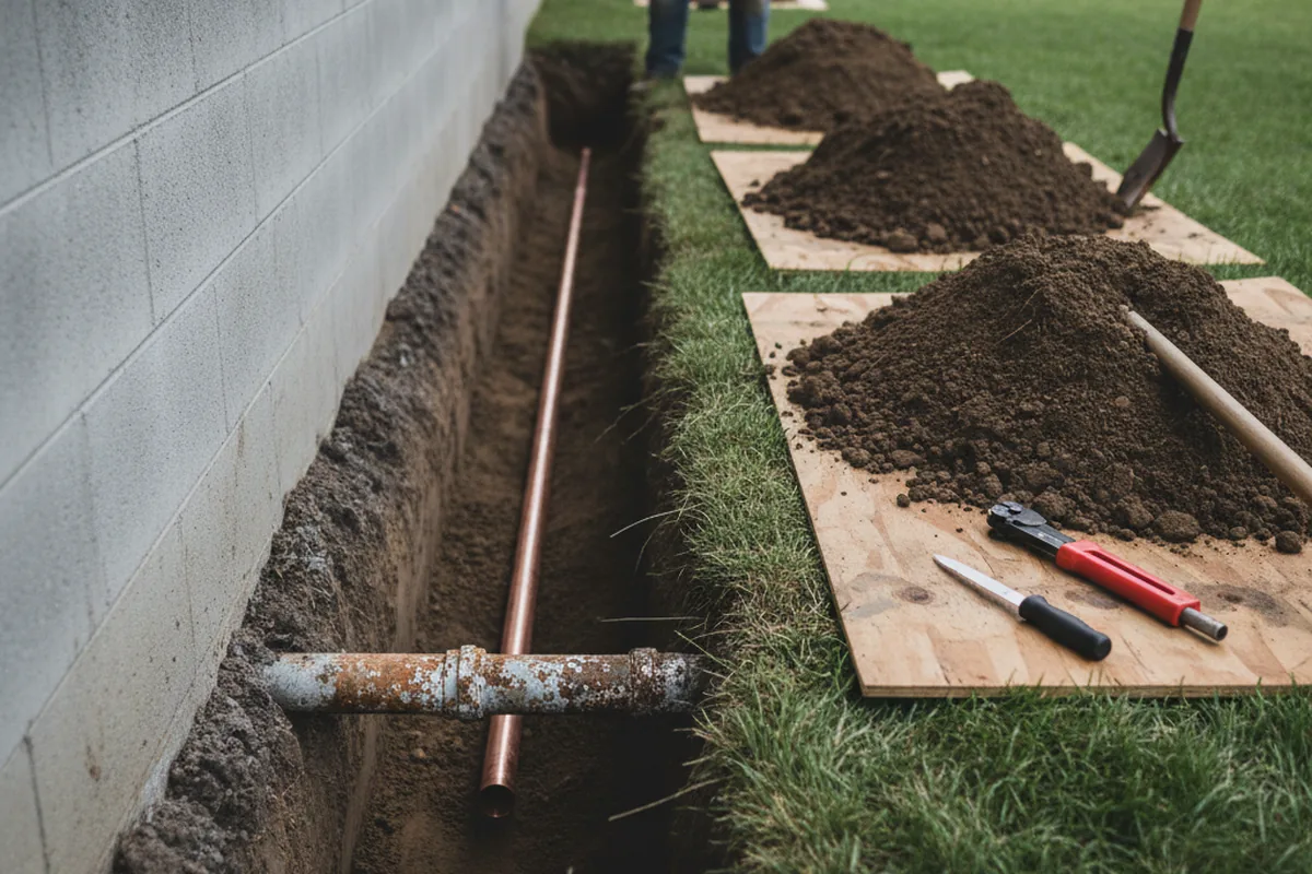 Excavated water line trench during Sewer Line Repair in Mount Angel